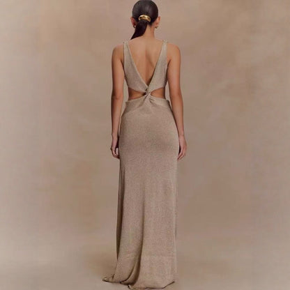 Sexy Twisted Vest Gold And Silver Wire Spring And Summer V-neck Dress