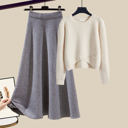 Irregular Gentle Style Knitted Sweater Skirt Suit