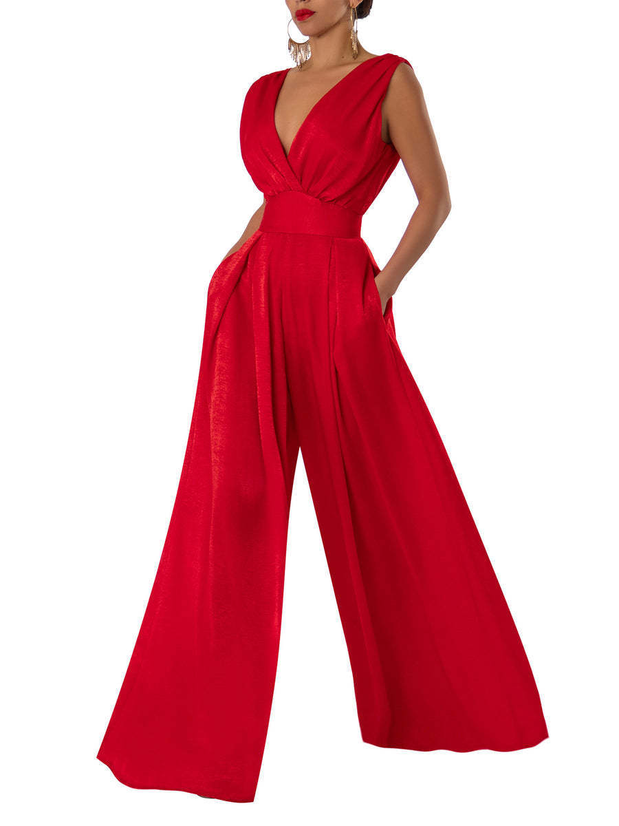 Solid Color And V-neck High Waist Wide Leg Jumpsuit