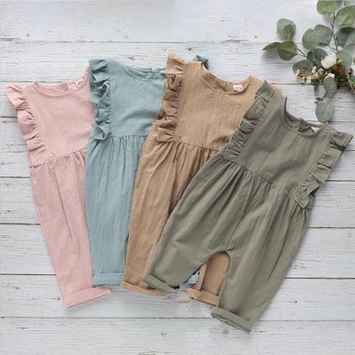 Girls' solid color cotton and linen jumpsuit