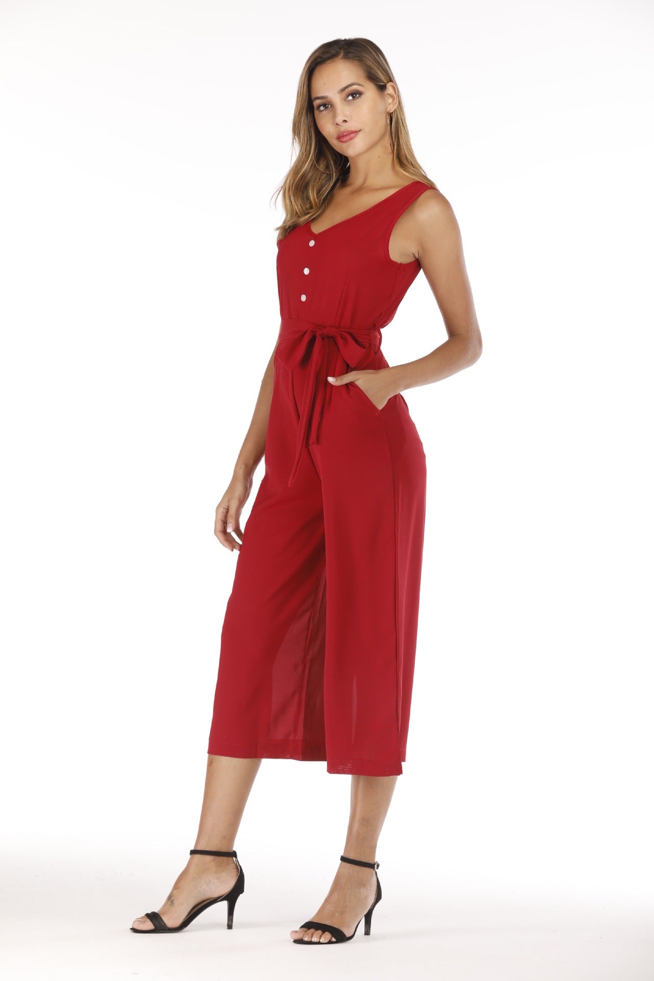 V-neck halter buttons with belt jumpsuit