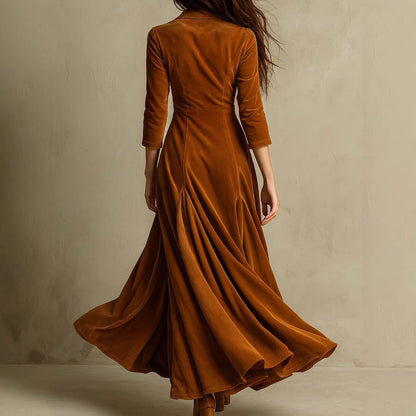Solid Color Buttons Lapel 34 Sleeve Maxi Dress Waist Expansion Skirt