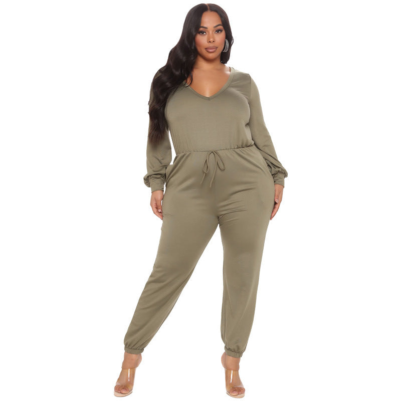 Women's V Neck Back Cutout Long Sleeve Casual Waist Jumpsuit