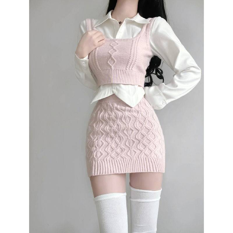 Niche Bandage Dress Sweater Vest Hot Girl Hip Skirt Autumn Suit Women
