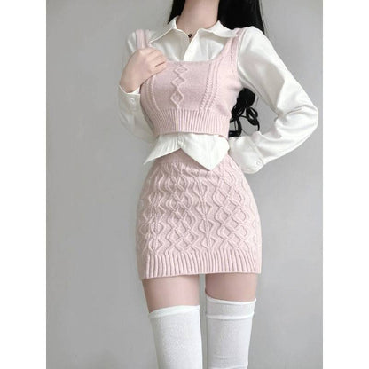 Niche Bandage Dress Sweater Vest Hot Girl Hip Skirt Autumn Suit Women