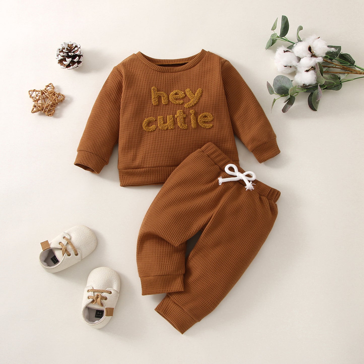 Waffle Solid Color Letter Long Sleeve Top Trousers Suit