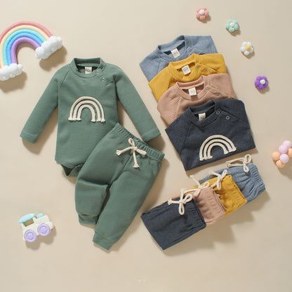 Autumn And Winter Infant Toddler Five-color Embroidered Rainbow Romper Two-piece Set