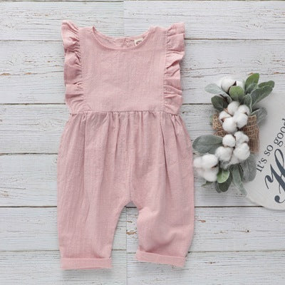 Girls' solid color cotton and linen jumpsuit