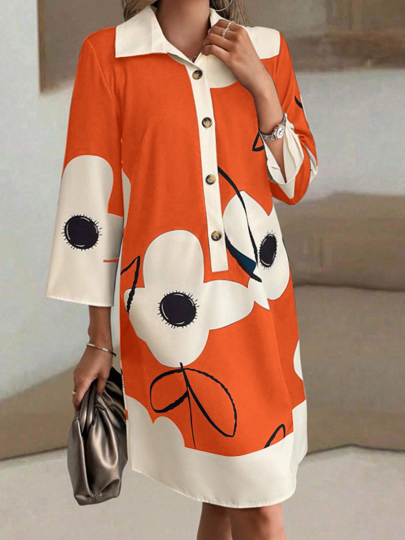 Autumn Half-sleeve Printed Loose And Elegant Shirt Dress