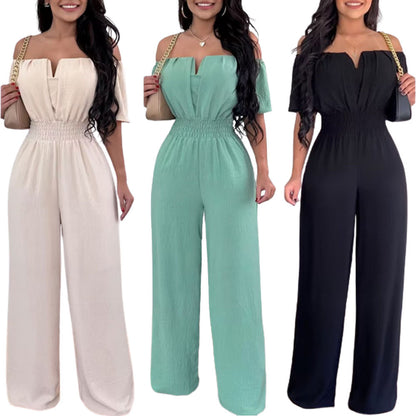 Women's Off-neck Waist Trimming Loose Straight Jumpsuit