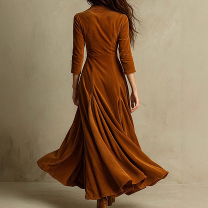 Solid Color Buttons Lapel 34 Sleeve Maxi Dress Waist Expansion Skirt
