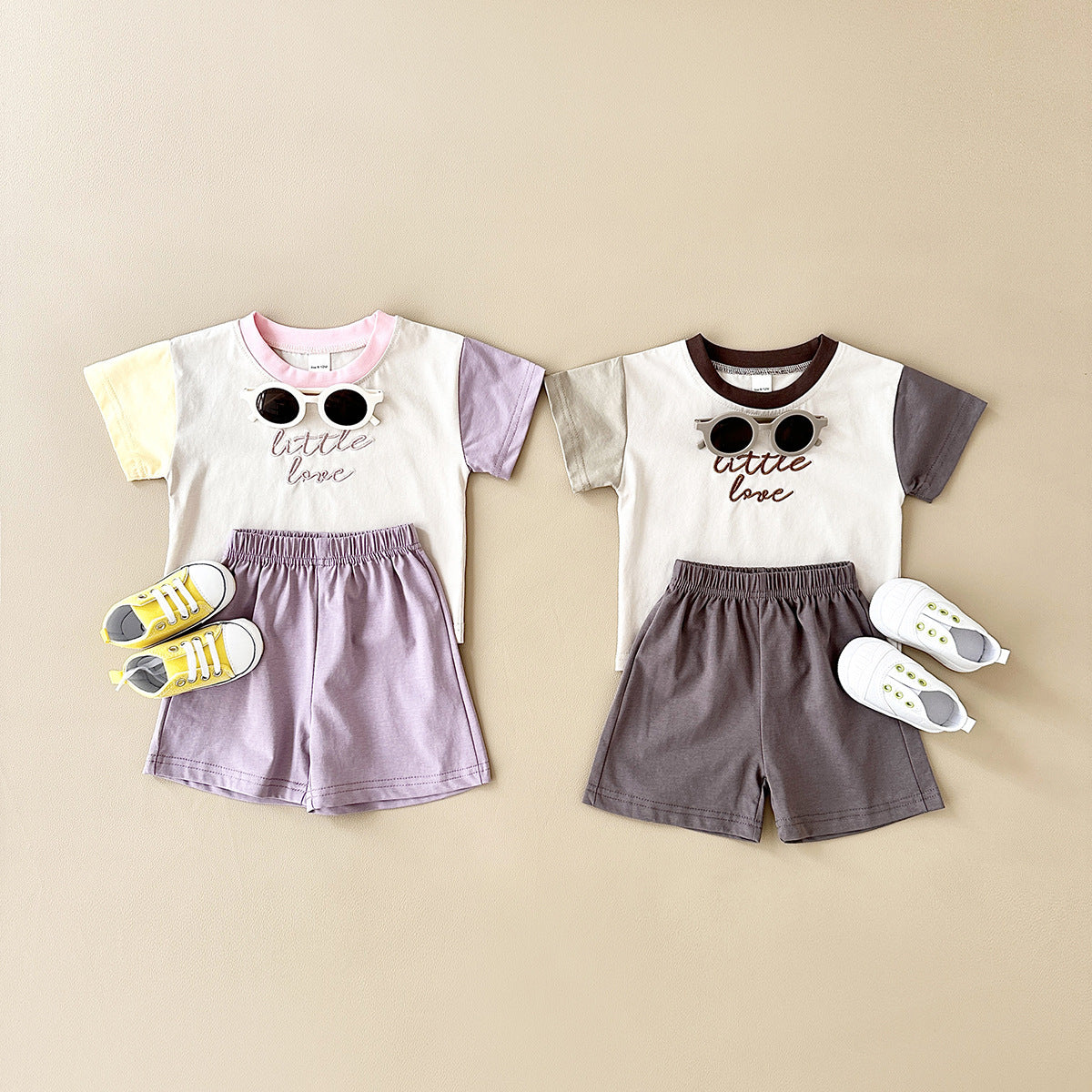 Girls' Stitching Casual Short-sleeved Two-piece Suit