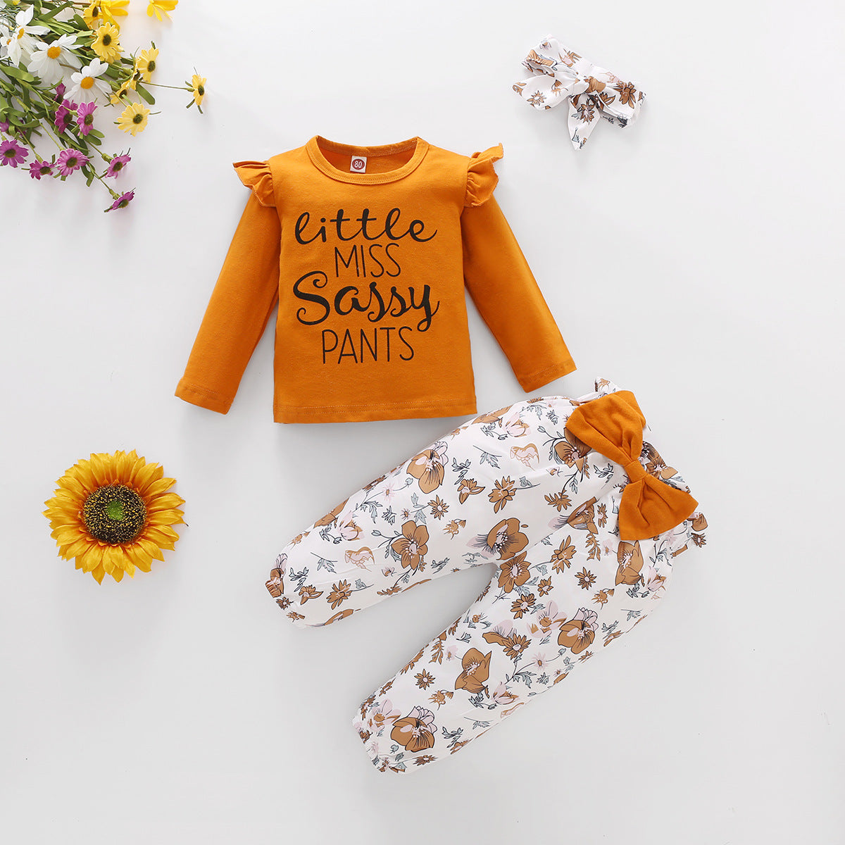 European And American Flower Letter Pattern Flounced Sleeve Bow Girl's Three-piece