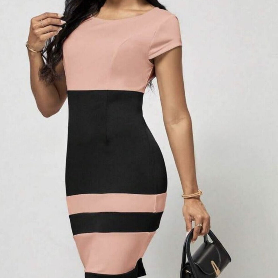 High Waist Slim Fit Contrast-color Sheath Dress Women