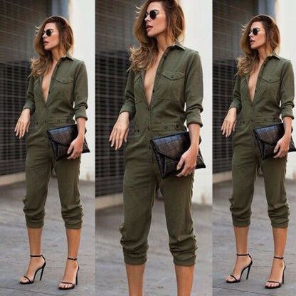 Solid color long sleeve shirt jumpsuit