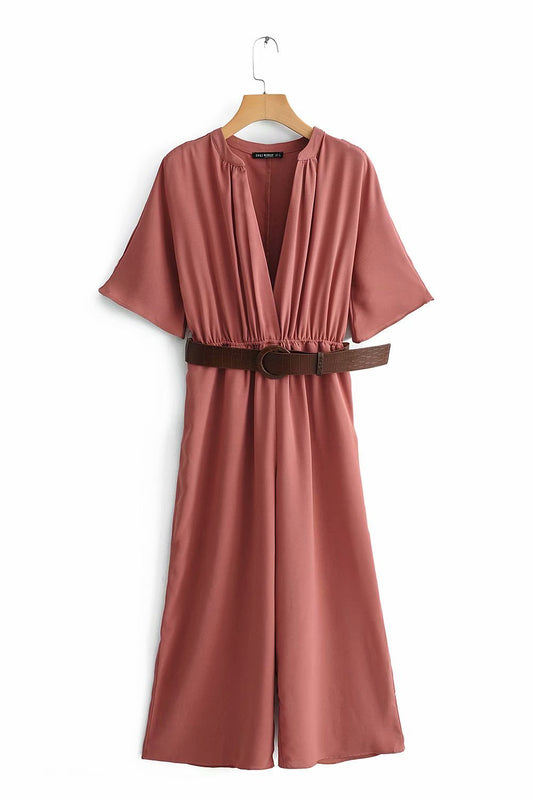 Stand collar short sleeve belt jumpsuit