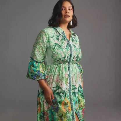 Women's Floral Print Long-sleeved Shirt Dress