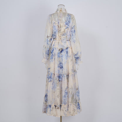 Niche Lilac Purple Lace-up Waist-controlled Long Sleeves Elegant Silk Crepe Dress