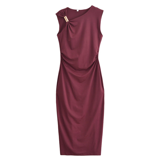 Women's High-grade Satin Sleeveless Pleated Dress
