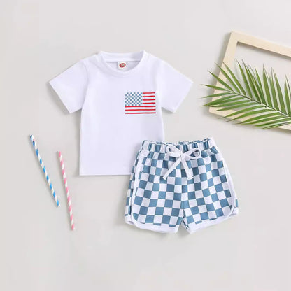 Baby Boy Shorts Short Sleeve Printed Chessboard Plaid Two-piece Set