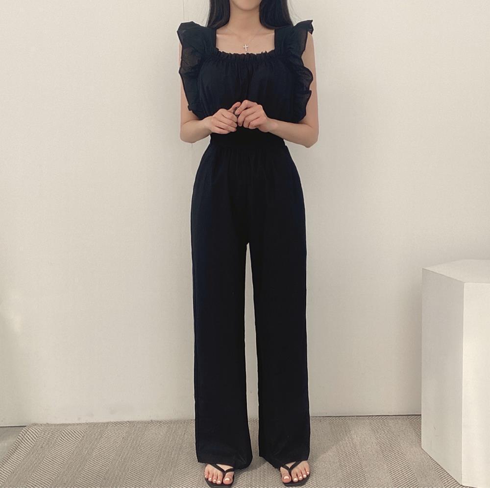 French Retro Square Collar Ruffled Flying Sleeves Elastic And Waisted High Waist Wide Leg Jumpsuit For Women
