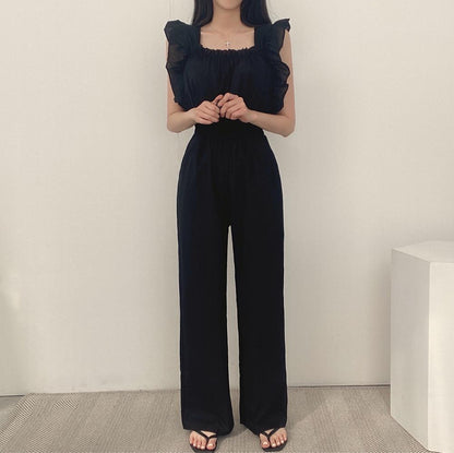 French Retro Square Collar Ruffled Flying Sleeves Elastic And Waisted High Waist Wide Leg Jumpsuit For Women