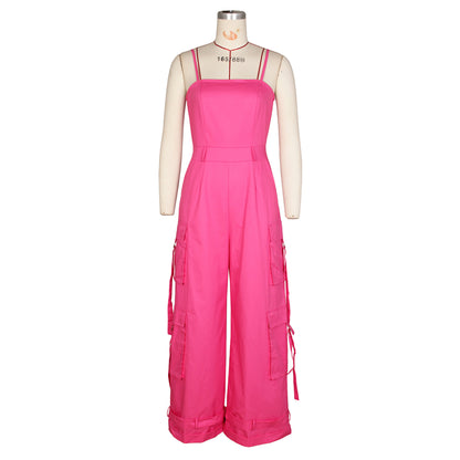 Women's Tube Top Multi-pocket Workwear Wide Leg Jumpsuit