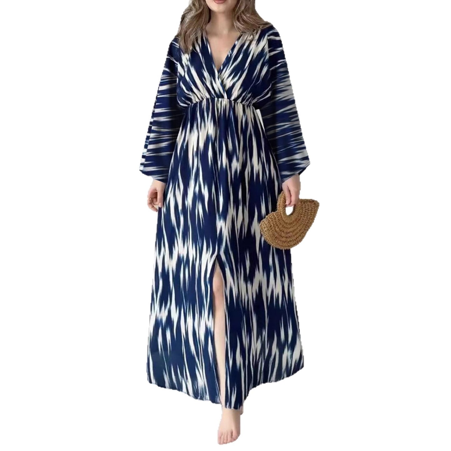 New Printed V-neck Slit Loose Long Sleeve Dress