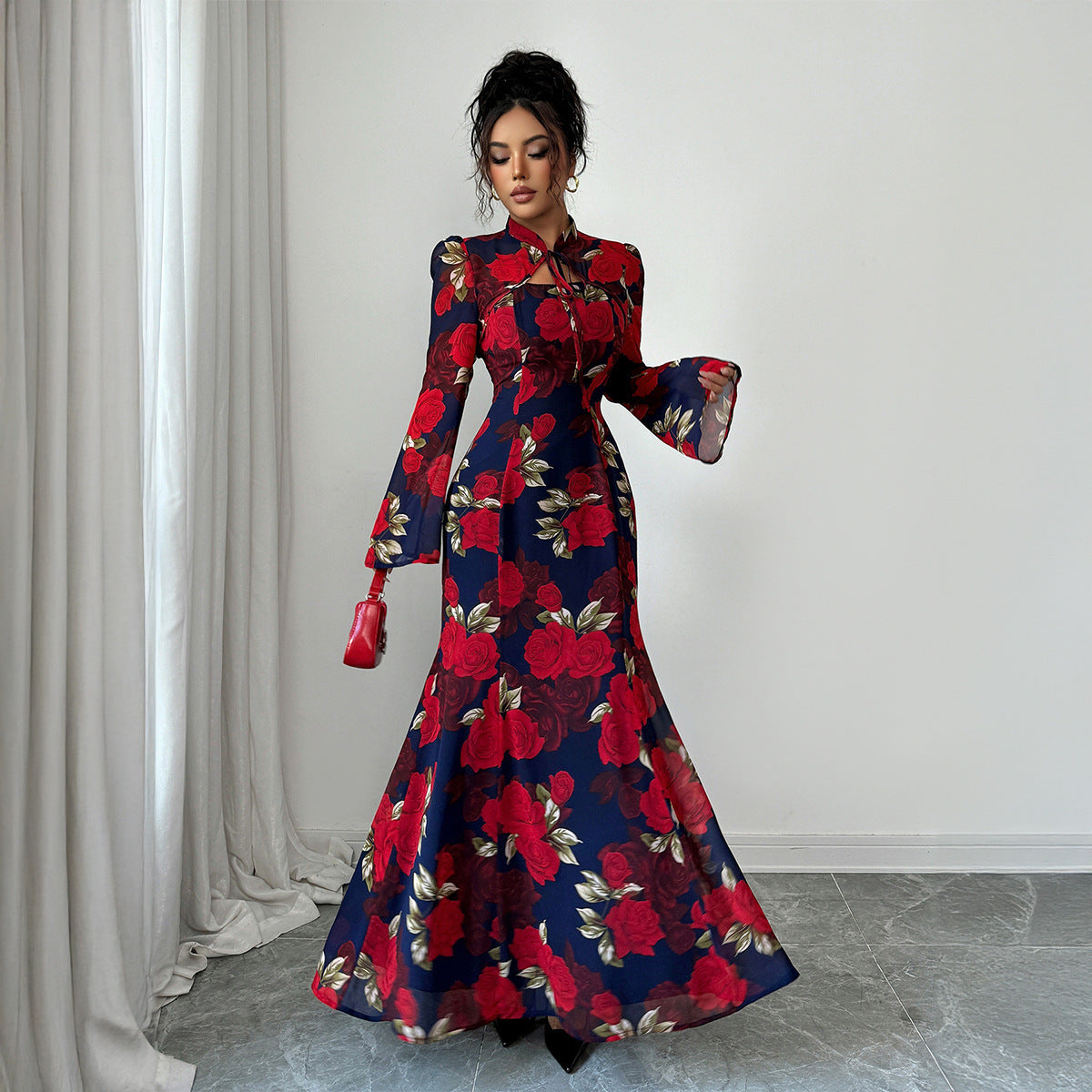 Elegant Style Printed Long-sleeved Dress For Women
