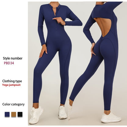 Fitness Exercise Long-sleeve Zipper Nude Feel Yoga Jumpsuit