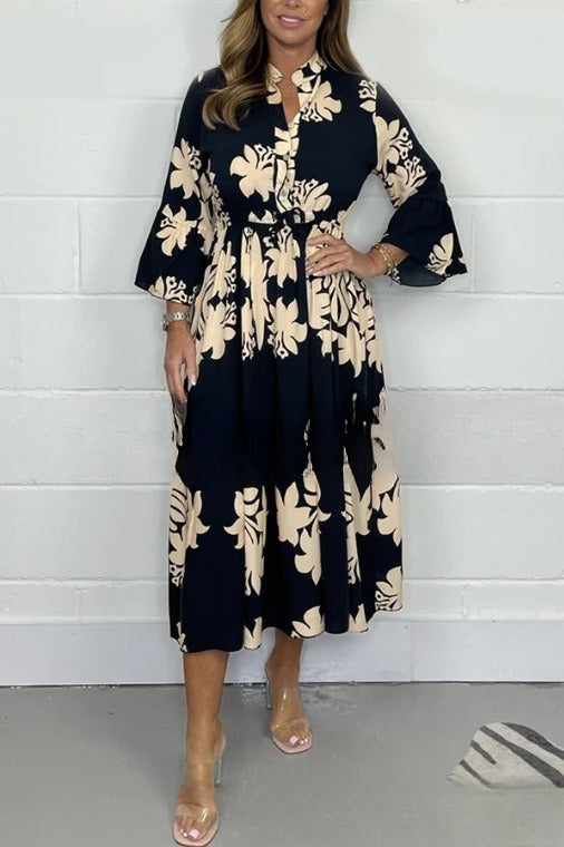 Elegant Printed Stand-up Collar Cinched Long Sleeve Dress