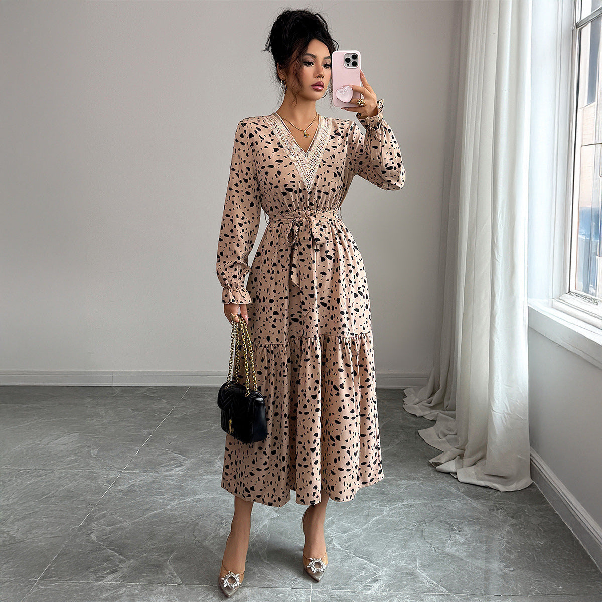 Elegant Polka-dot Self-tie Long Sleeve Dress For Women
