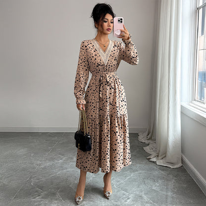 Elegant Polka-dot Self-tie Long Sleeve Dress For Women