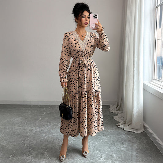 Elegant Polka-dot Self-tie Long Sleeve Dress For Women