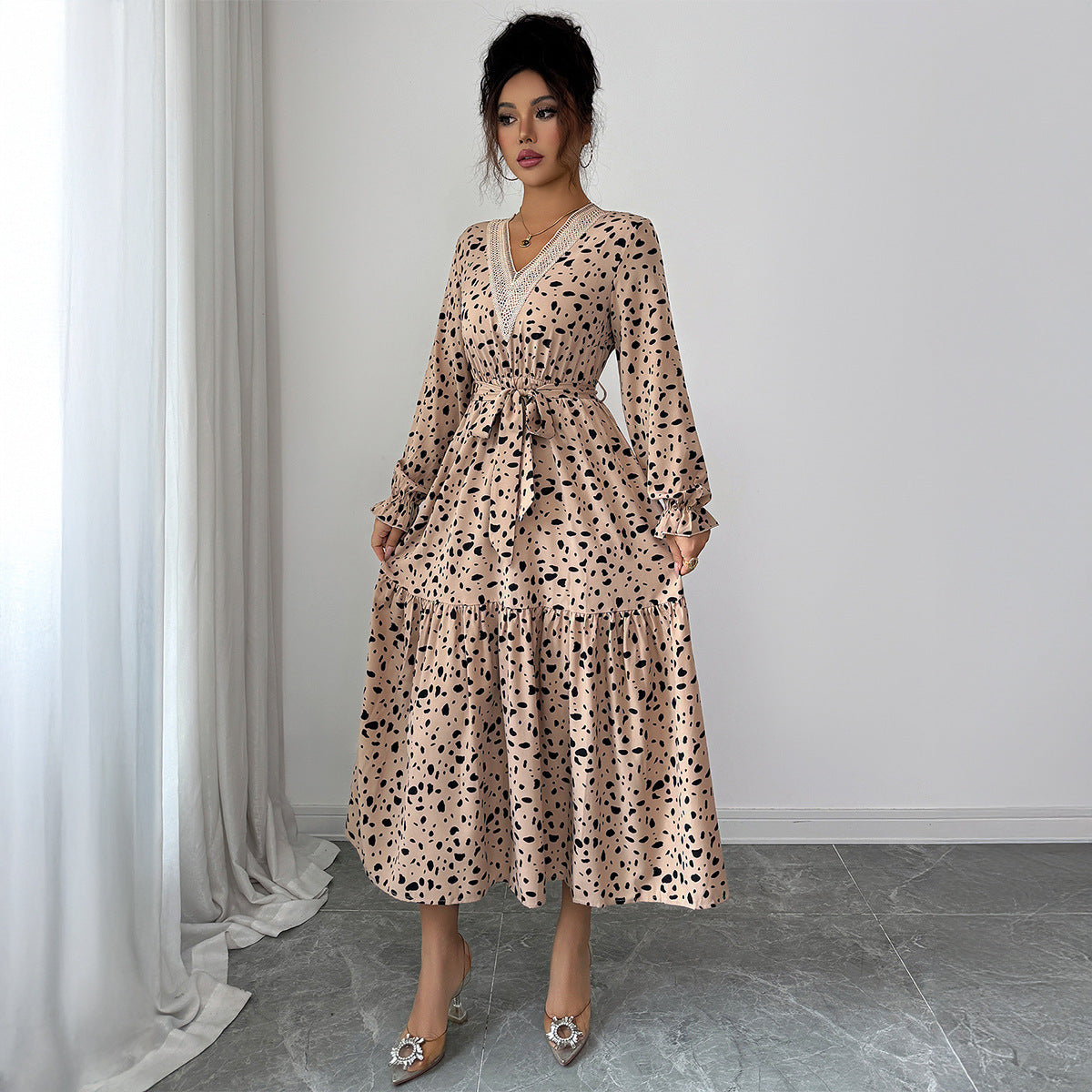 Elegant Polka-dot Self-tie Long Sleeve Dress For Women