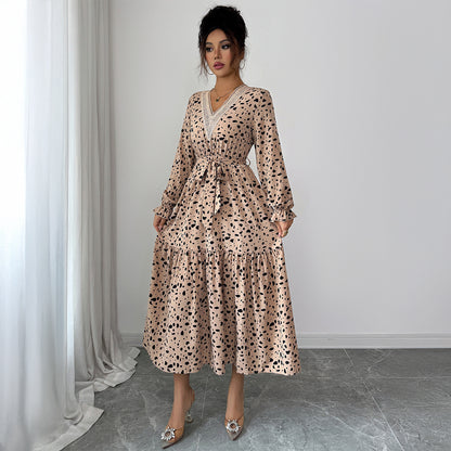 Elegant Polka-dot Self-tie Long Sleeve Dress For Women
