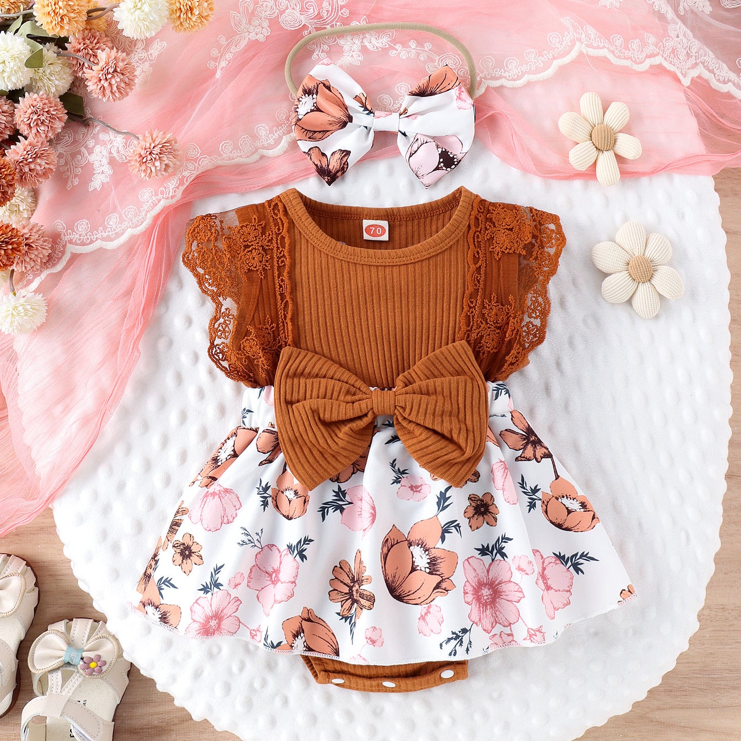 Baby Girl Cute Skirt Print Romper Headscarf