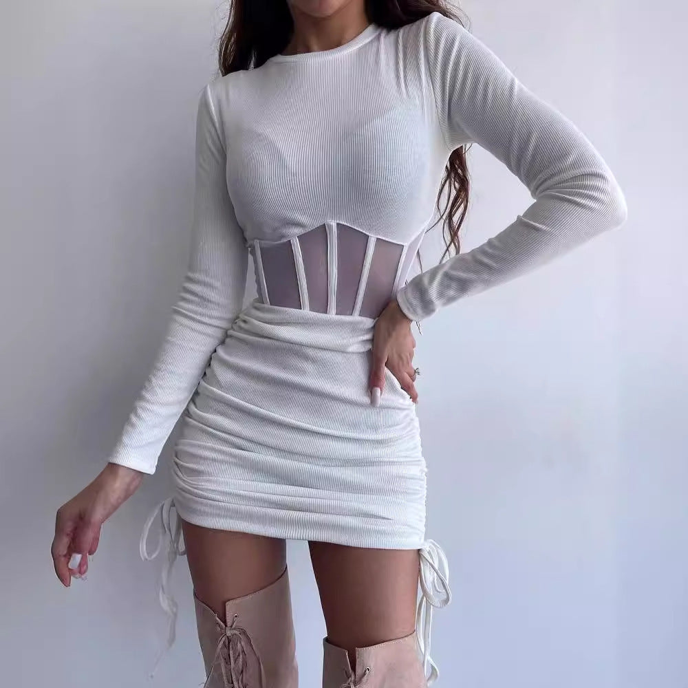 Fashion Women's Wear Round Neck Long Sleeve Pleating Skirt