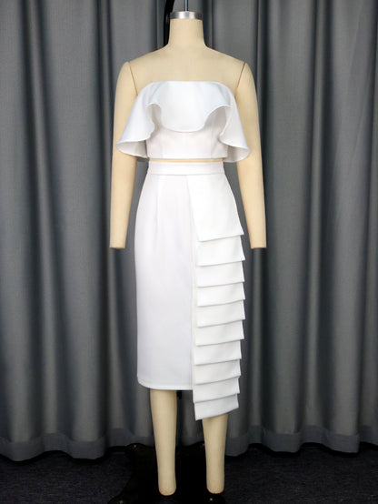 Tube Top White Shirt Asymmetric Hip Skirt Suit