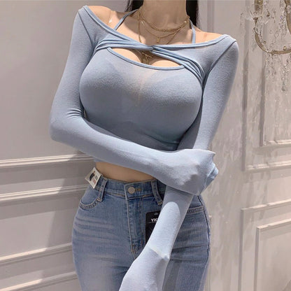 Autumn New Slightly See-through Thin Halter Spaghetti Straps Vest Long Sleeve Shawl Skinny Slimming Sets