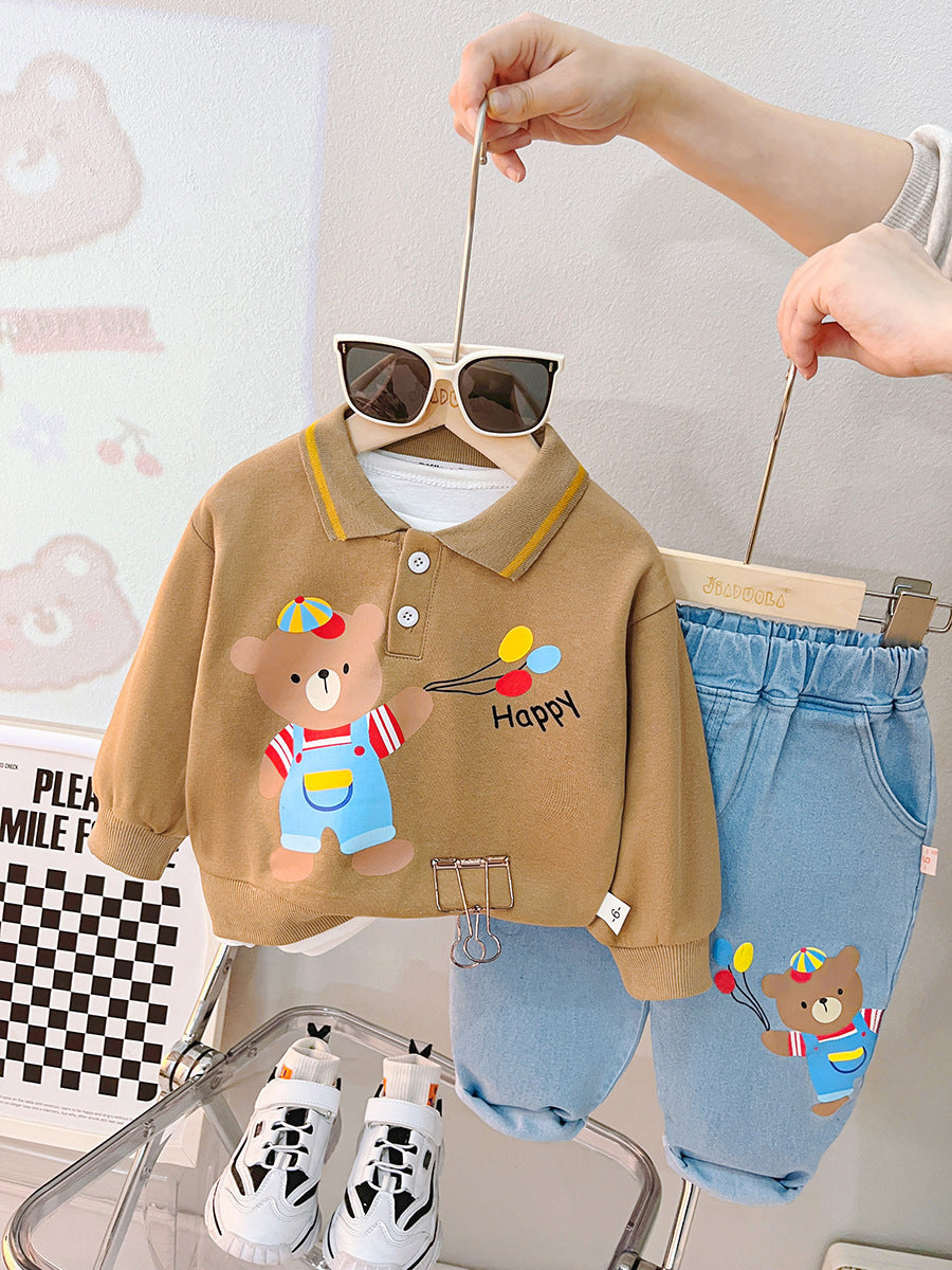 Baby Cute Lapel Long-sleeved Sweater Two-piece Set