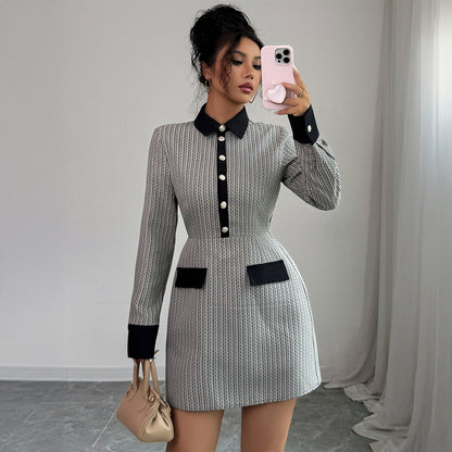 Button Long Sleeve Dress Plaid Women's Clothing