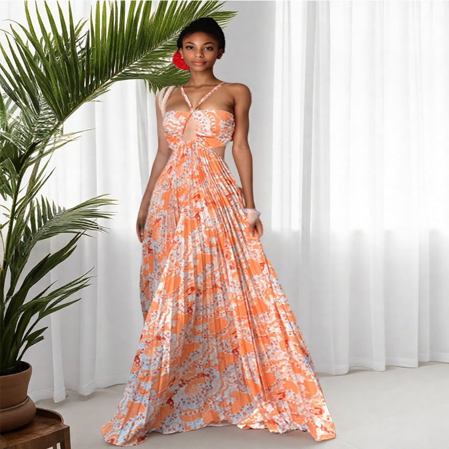 Women's Hollow-out Halter Sling High Waist Slimming Printed Pleated Dress