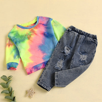 Rainbow Tie Dye Sweater  Cut Hole Jeans Set