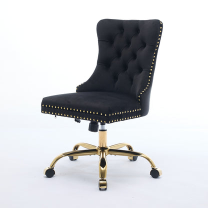 A&A Furniture Office Chair,Modern Velvet Upholstered Tufted Button Home Office Chair With Golden Metal Base,Adjustable Desk Chair Swivel Office Chair Black