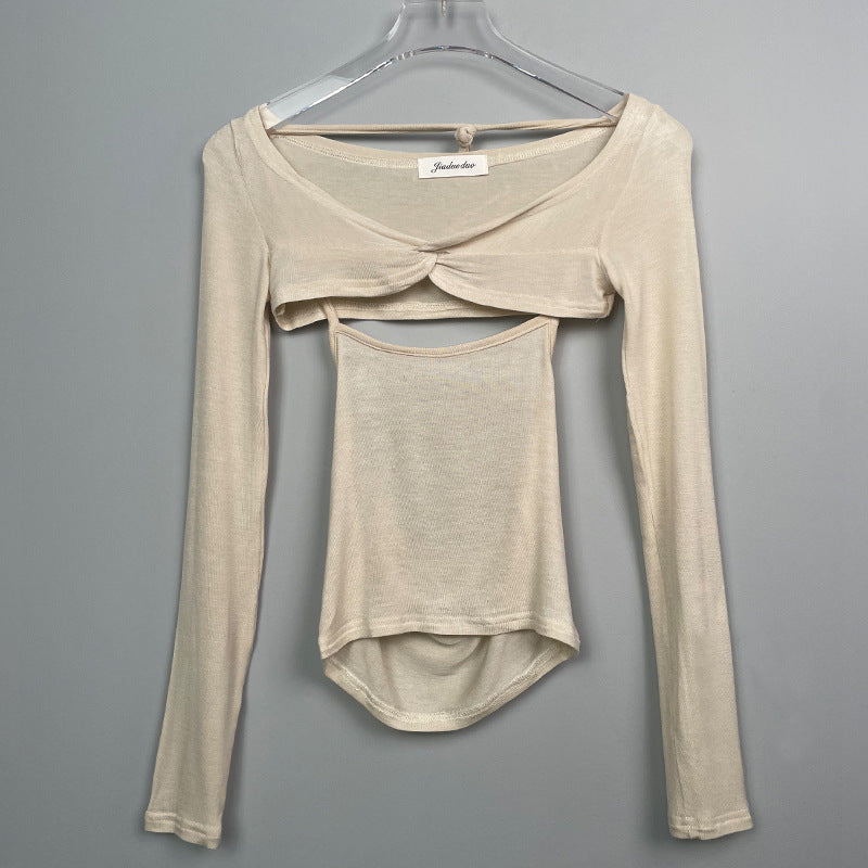 Autumn New Slightly See-through Thin Halter Spaghetti Straps Vest Long Sleeve Shawl Skinny Slimming Sets