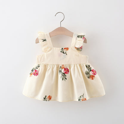 Full Body Embroidered Flowers Flounced Sleeve Cotton Dress