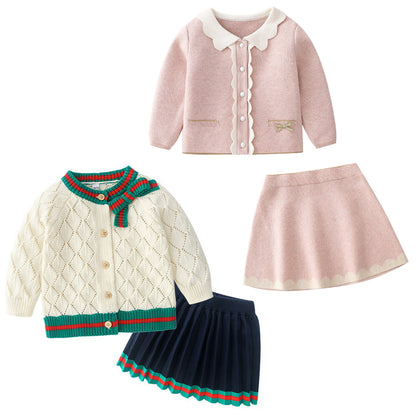 Children's Baby Girl Cotton Knitted Cardigan Skirt Suit