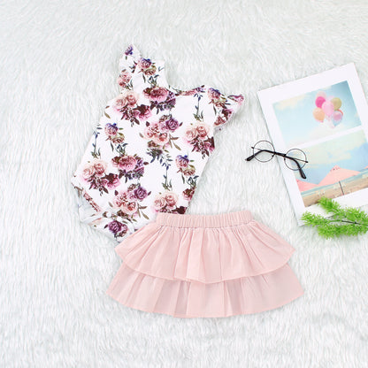 Girls Flying Sleeve Print Short Sleeve Suit