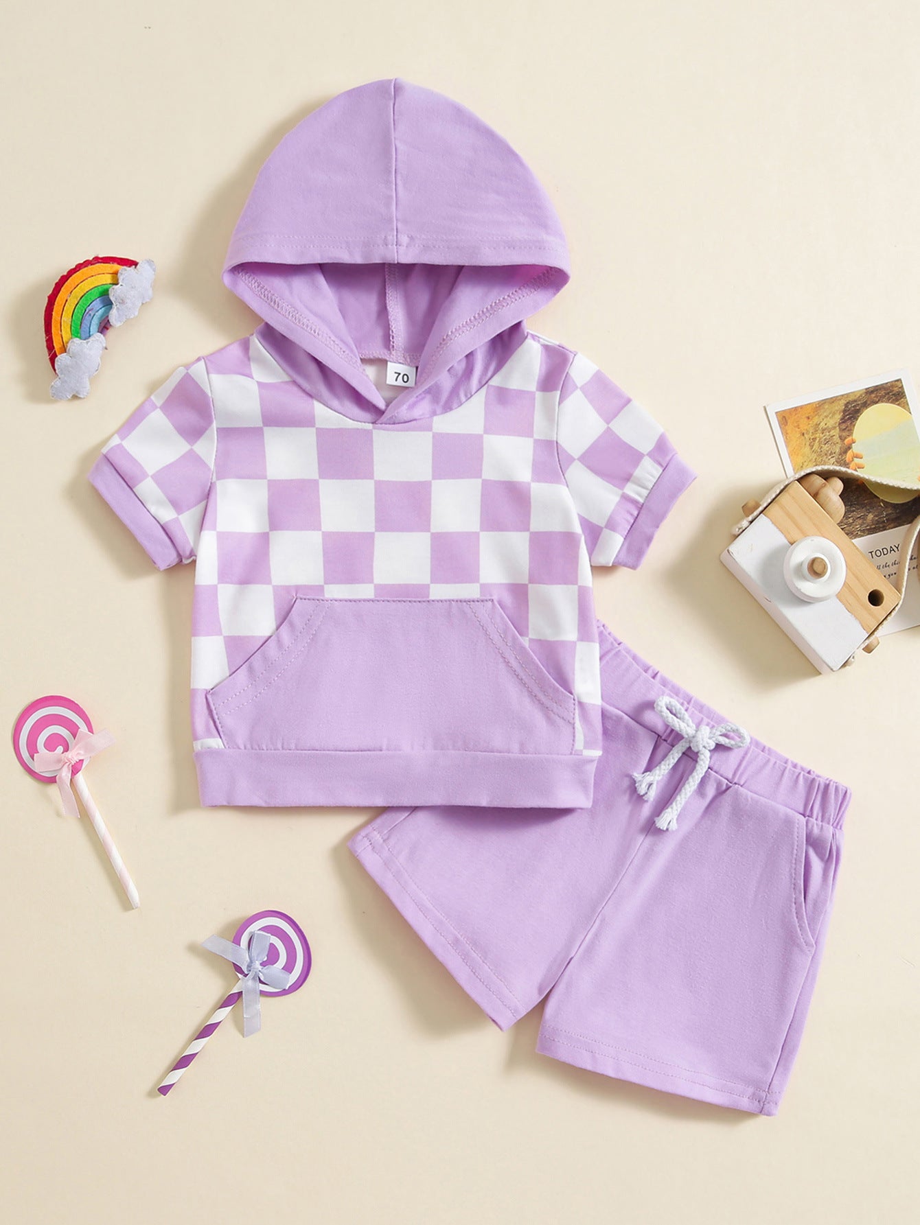 Girls' Plaid Colorblock T-shirt Hooded Shorts Two-piece Set